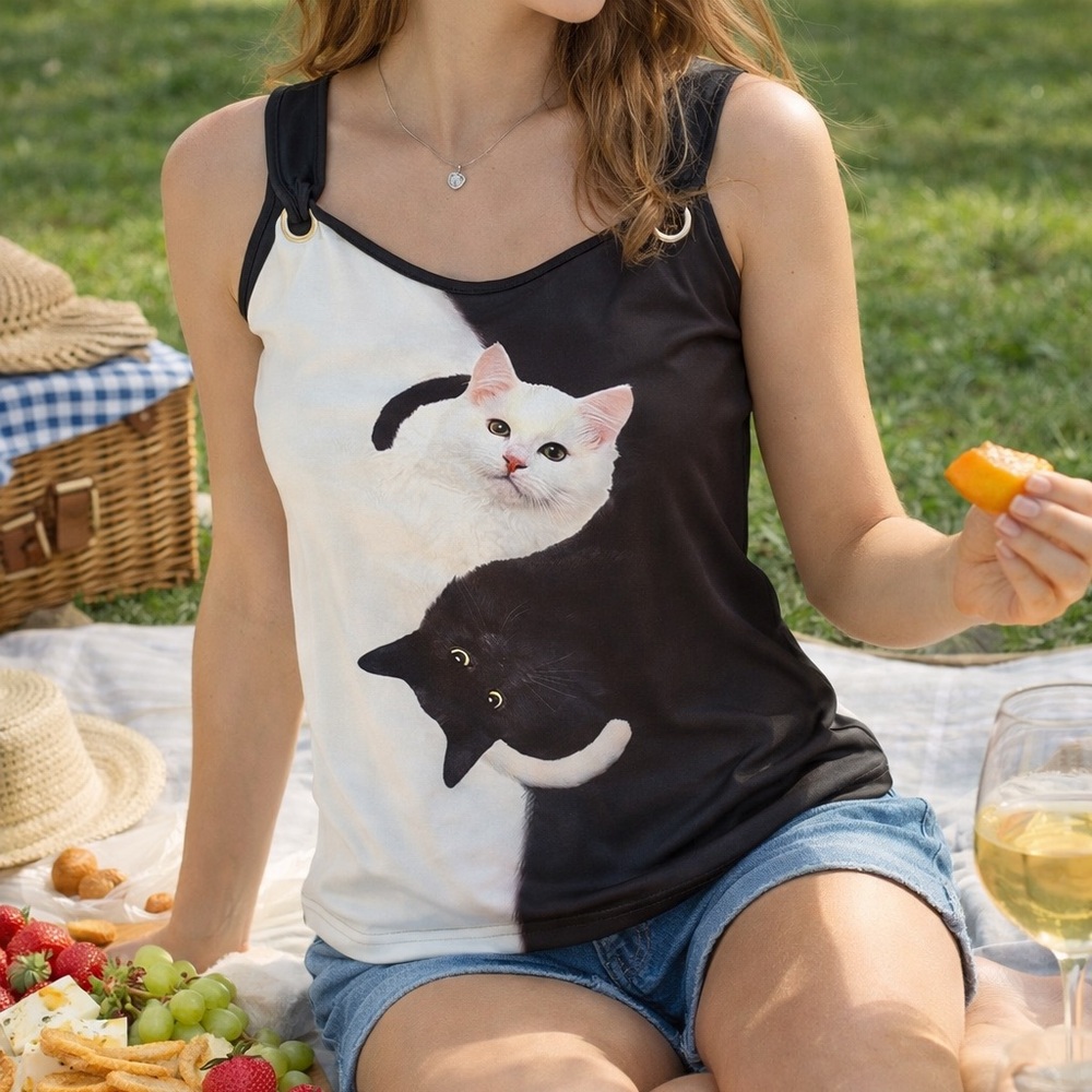 SHEIN Black & White Cat Yin Yang Ring-Strap Tank
